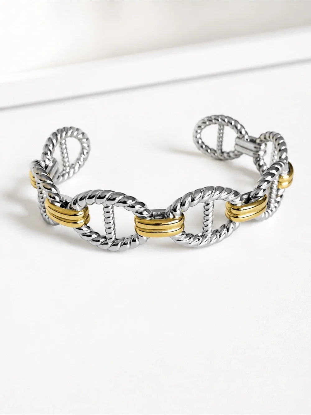 Two-Tone Silver and Gold Link Cuff Bracelet